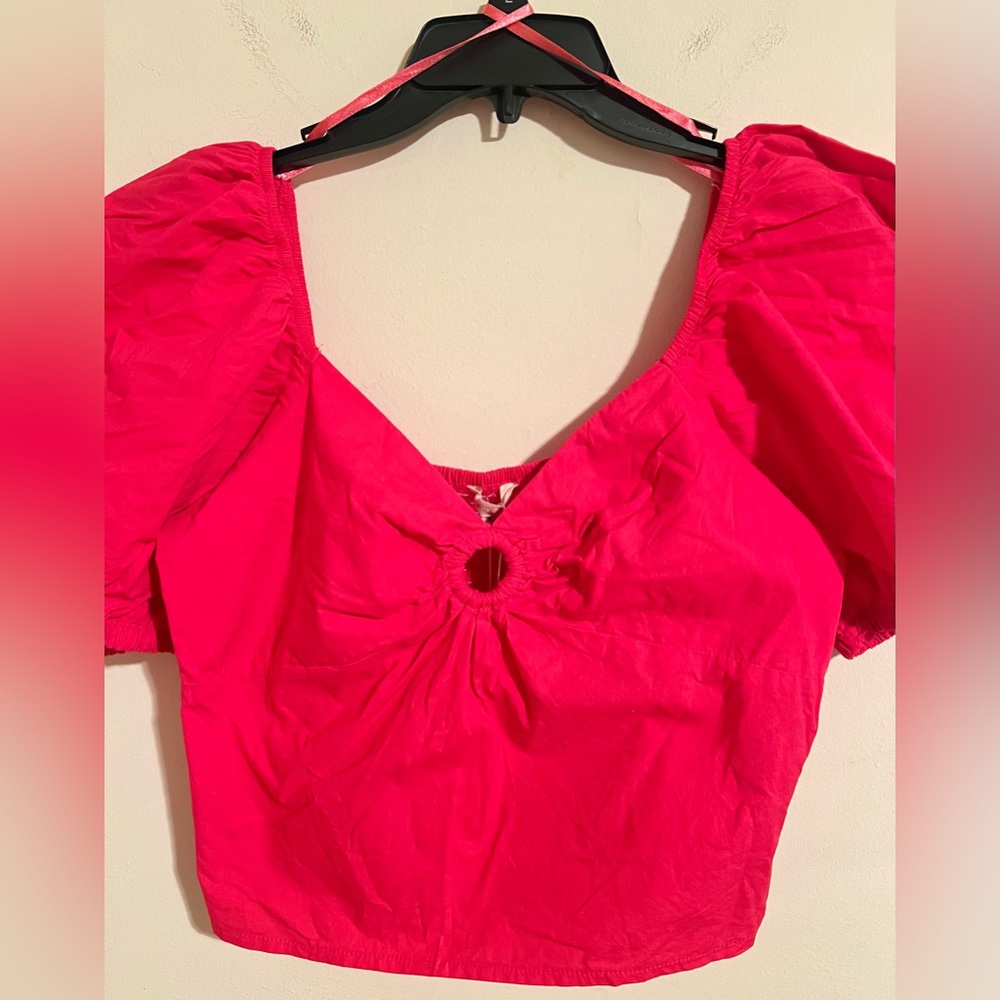 NWT Sim & Sam Women’s Pink Puff Short Sleeve Keyhole Cotton Smock Crop Top Sz XL - Picture 5 of 12
